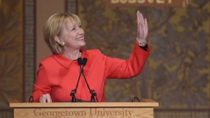 Former Secretary of State Hillary Clinton speaks at Georgetown University in Washington, Friday, March 31, 2017, on the important role that women can play in international politics and peace building efforts. (AP Photo/Susan Walsh)
